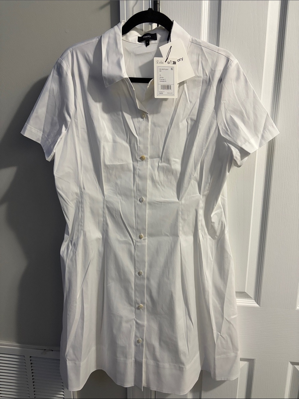 Theory White Short-Sleeve Pleated Button Dress